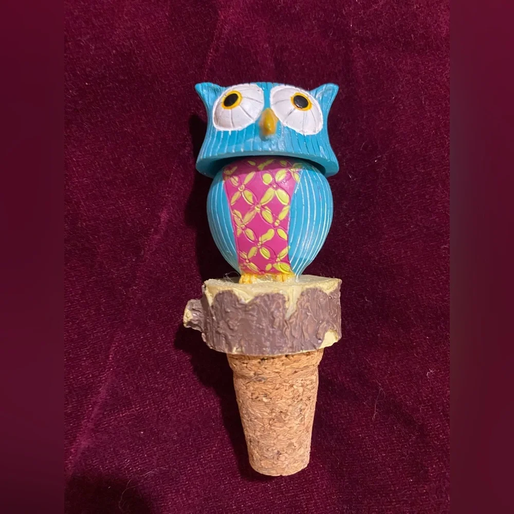 Colorful Owl Wine Bottle Stoppers Set of 2 Orange Blue Decorative Figurines Cork